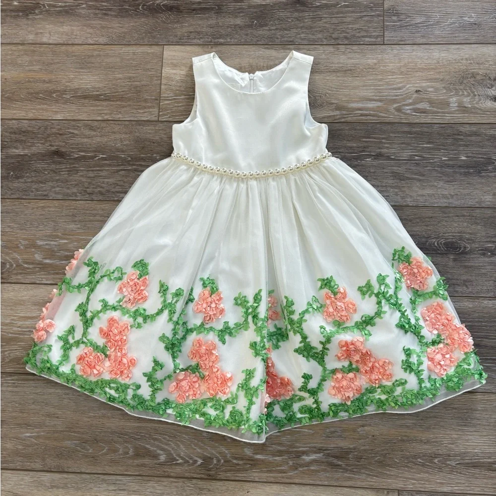 American Princess White Sleeveless Dress Pearl Floral Embroidery Wedding Easter